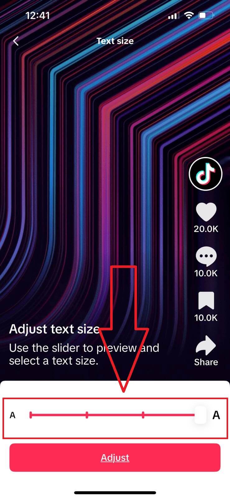 Adjust button to save TikTok text size changes