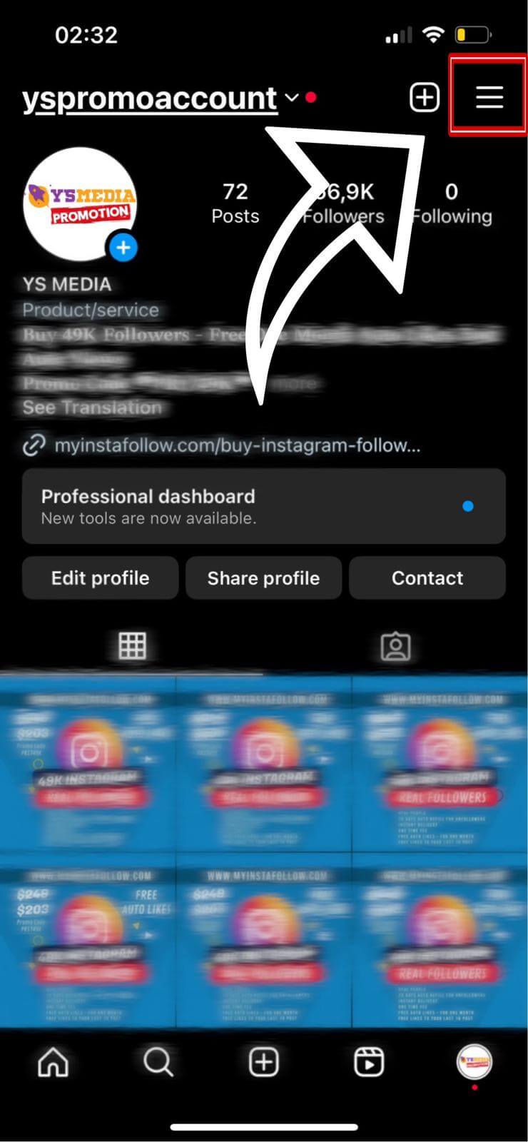 Opening the menu on Instagram