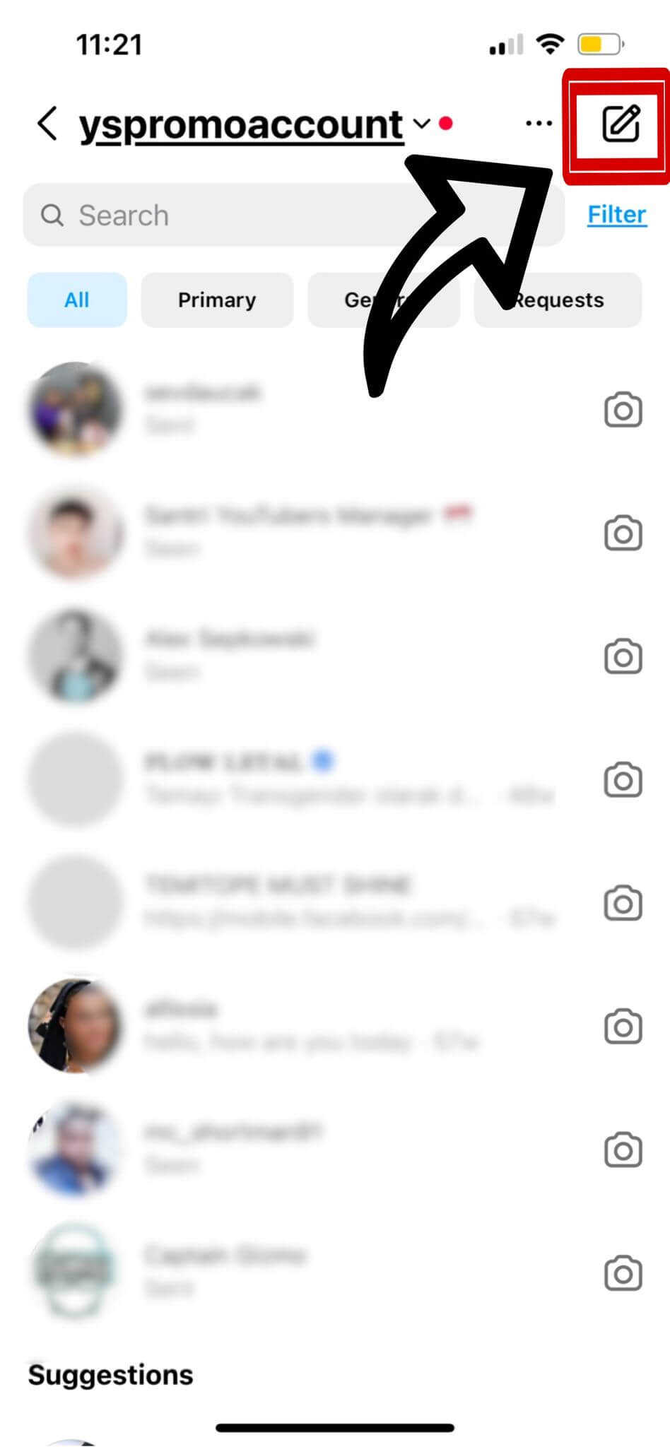 Screenshot showing the new message icon for creating a group chat on Instagram