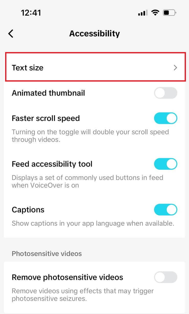 TikTok text size button in accessibility menu