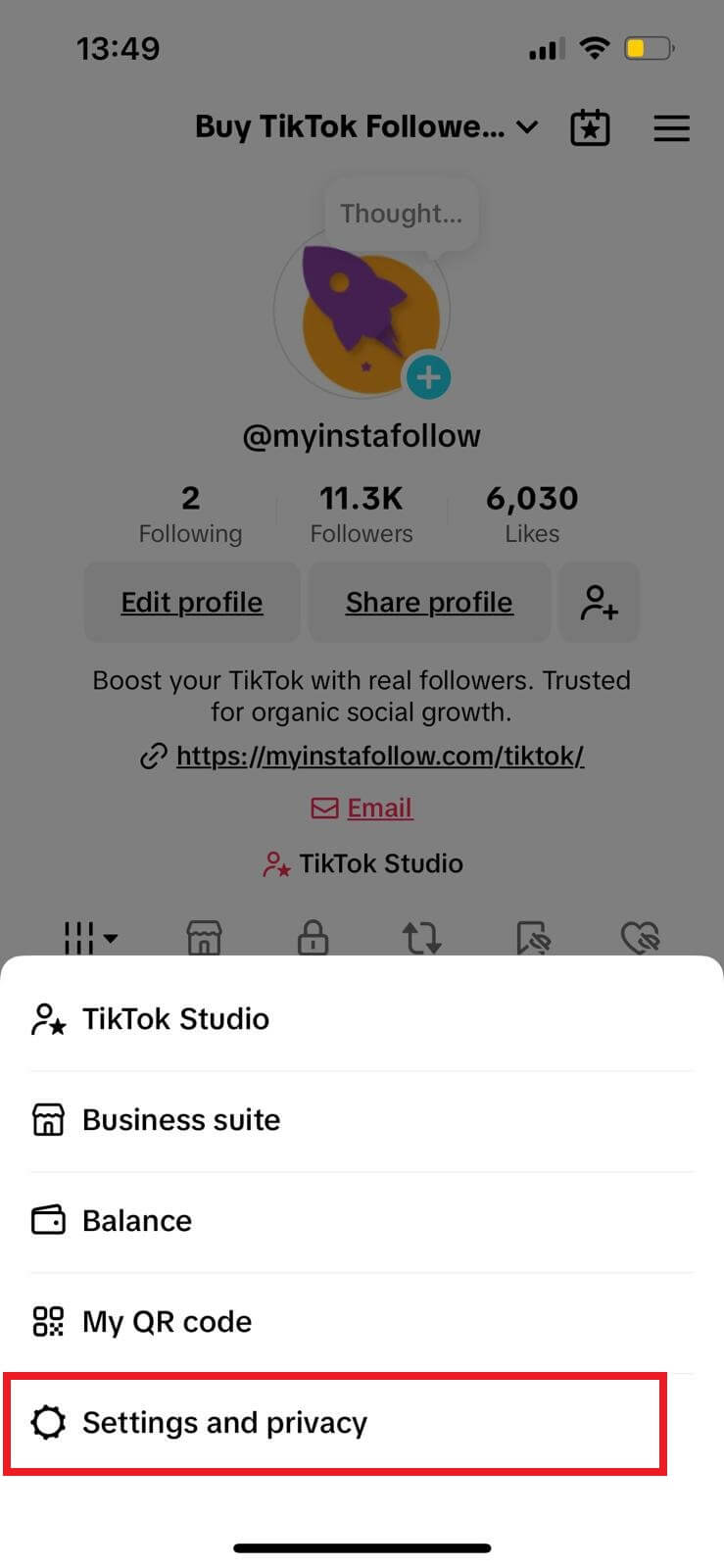 Settings and Privacy option highlighted in TikTok menu for live stream settings