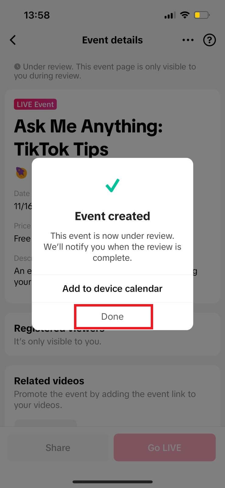 TikTok event confirmation screen with Done button after creating an event