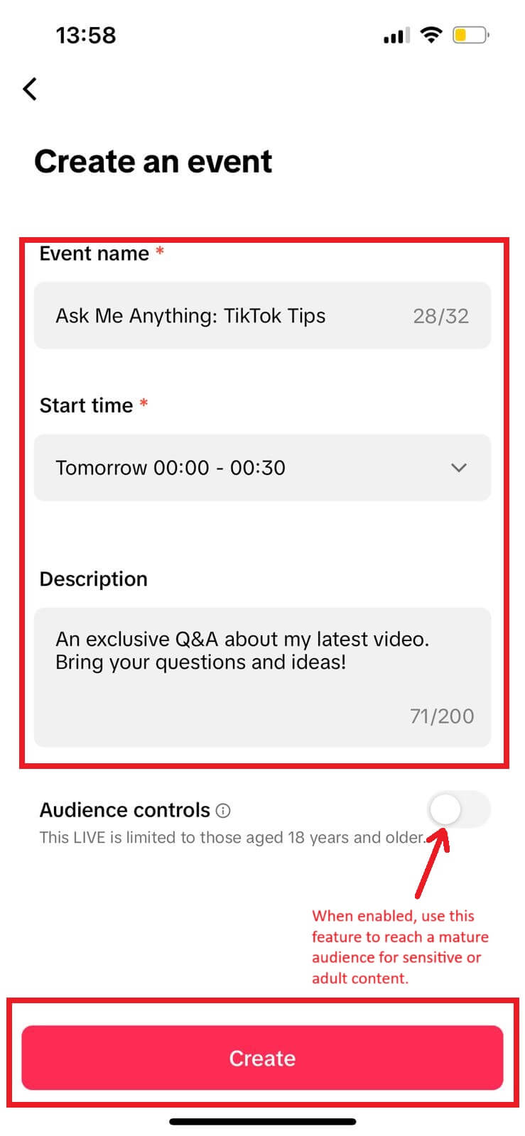 TikTok event creation screen with fields for Event Name, Start Time, and Description