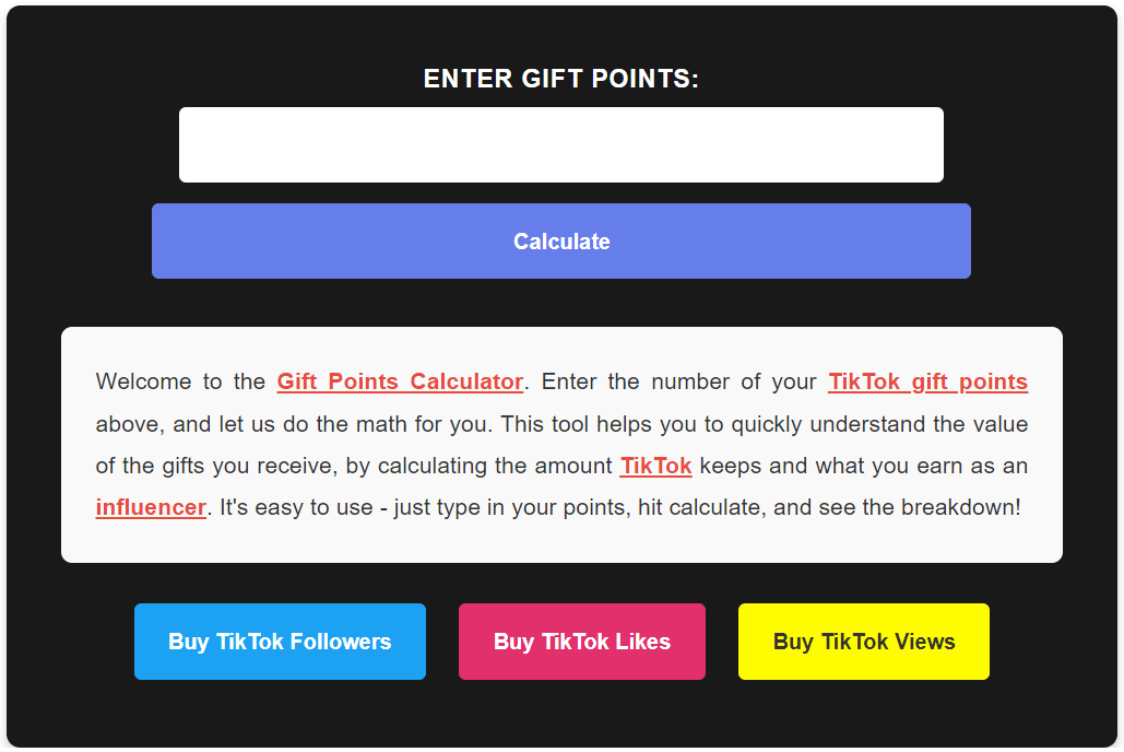 TikTok Gift Points Calculator Interface