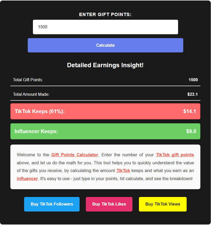 TikTok Gift Points Calculator Results