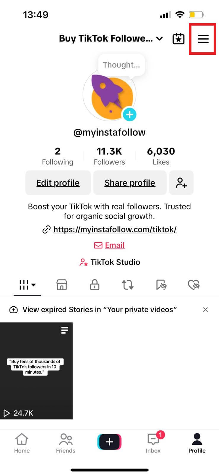 TikTok profile with highlighted three-line menu for accessing settings