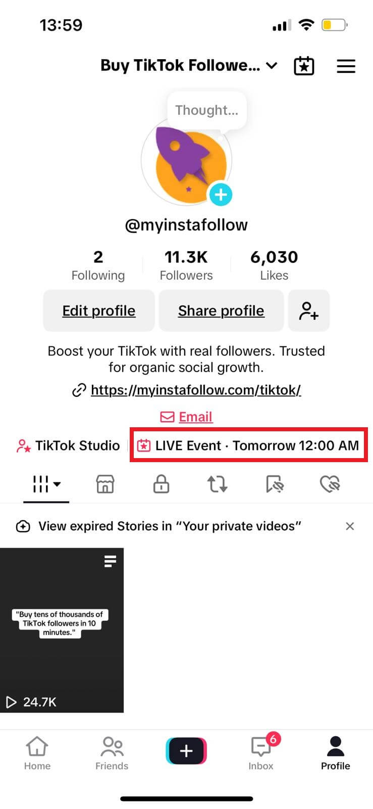 TikTok profile displaying scheduled LIVE event for followers to join