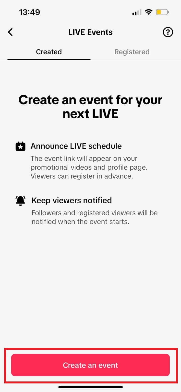 Create an event button in TikTok to initiate event scheduling