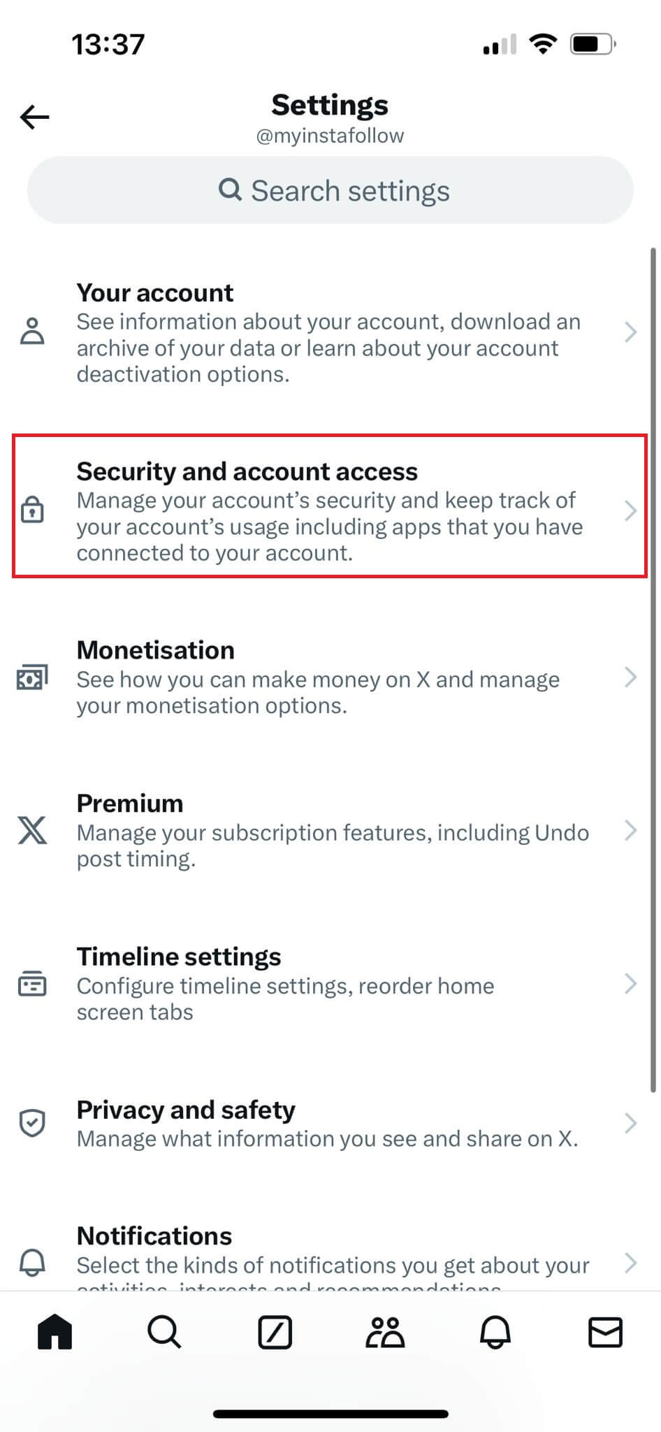 Privacy and safety option under Twitter security settings.