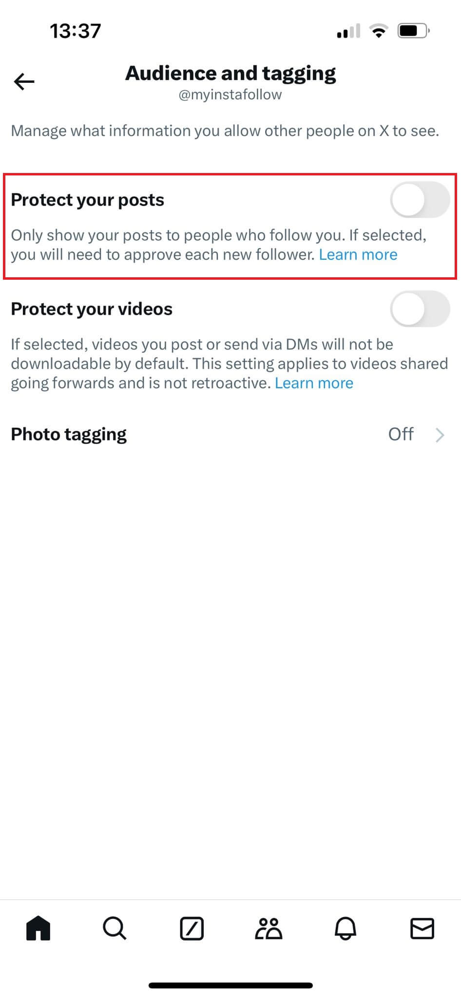 Twitter setting to enable "Protect your posts," making the account private.